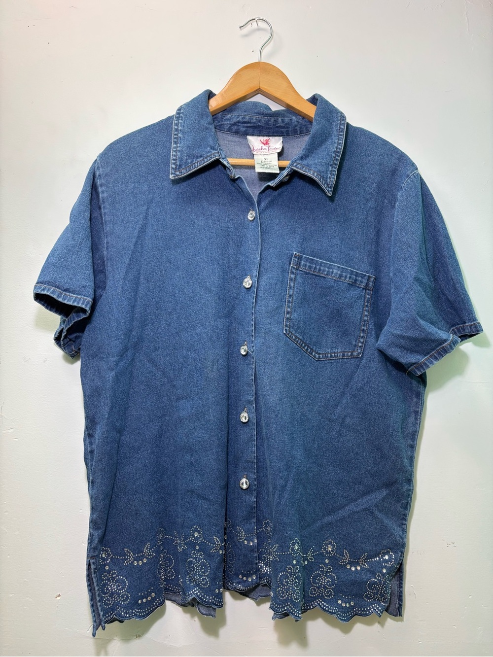 Quacker Factory Blue Denim Short Sleeve Button-Down Shirt with Embroidered Hem